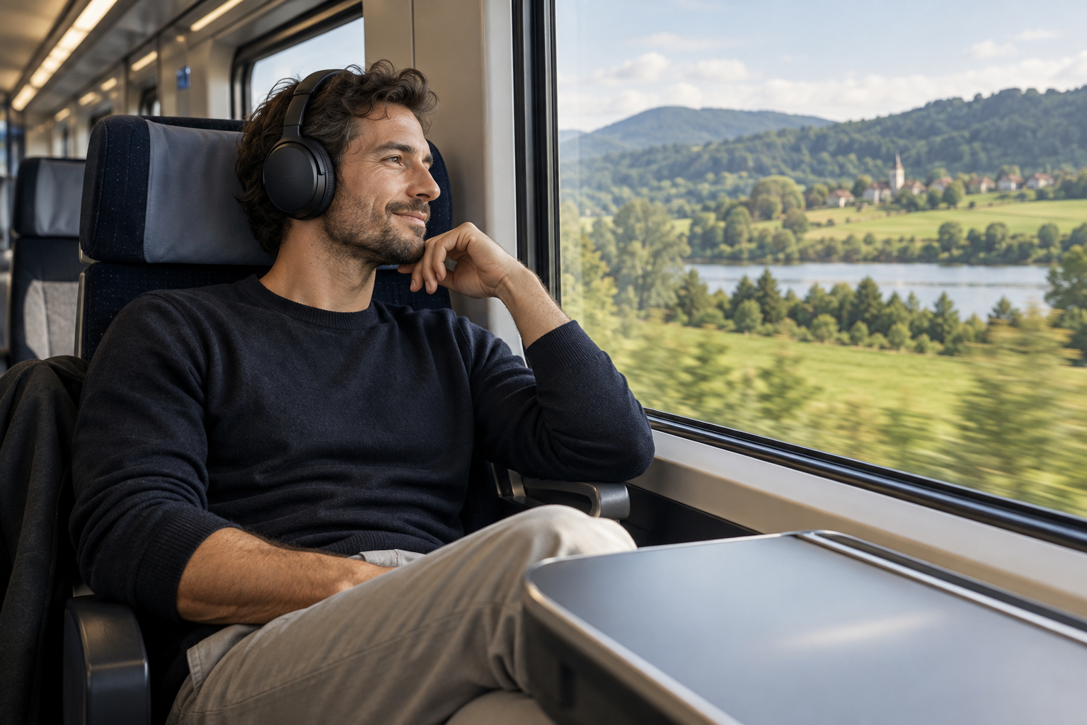 Ein Reisender mit schwarzen Over-Ear-Kopfhörern blickt entspannt aus einem Zugfenster