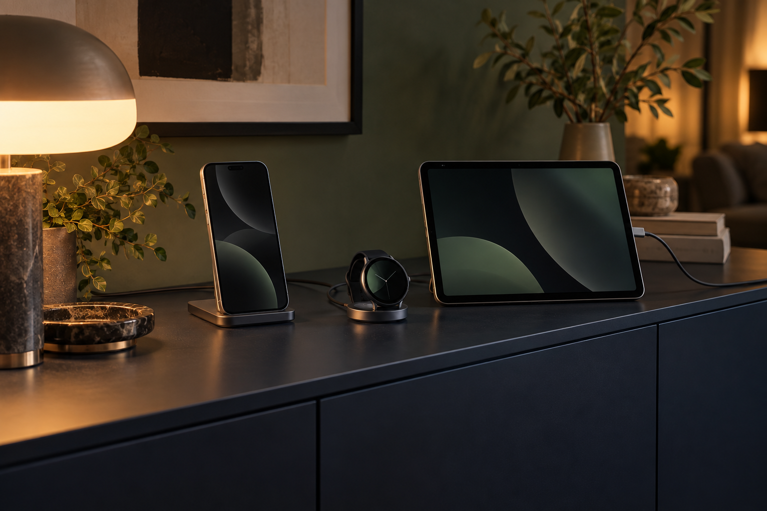 Smartphone, Smartwatch und Tablet an getrennten Ladeanschlüssen auf einem ruhigen Sideboard am Abend