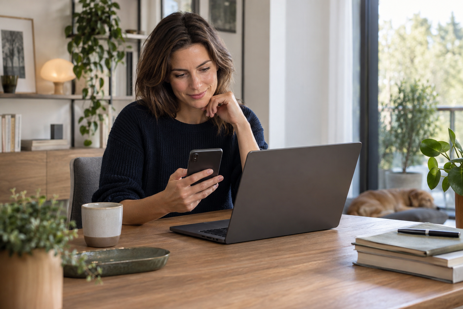 Entspanntes Arbeiten mit Smartphone und Notebook an einem hellen Arbeitsplatz