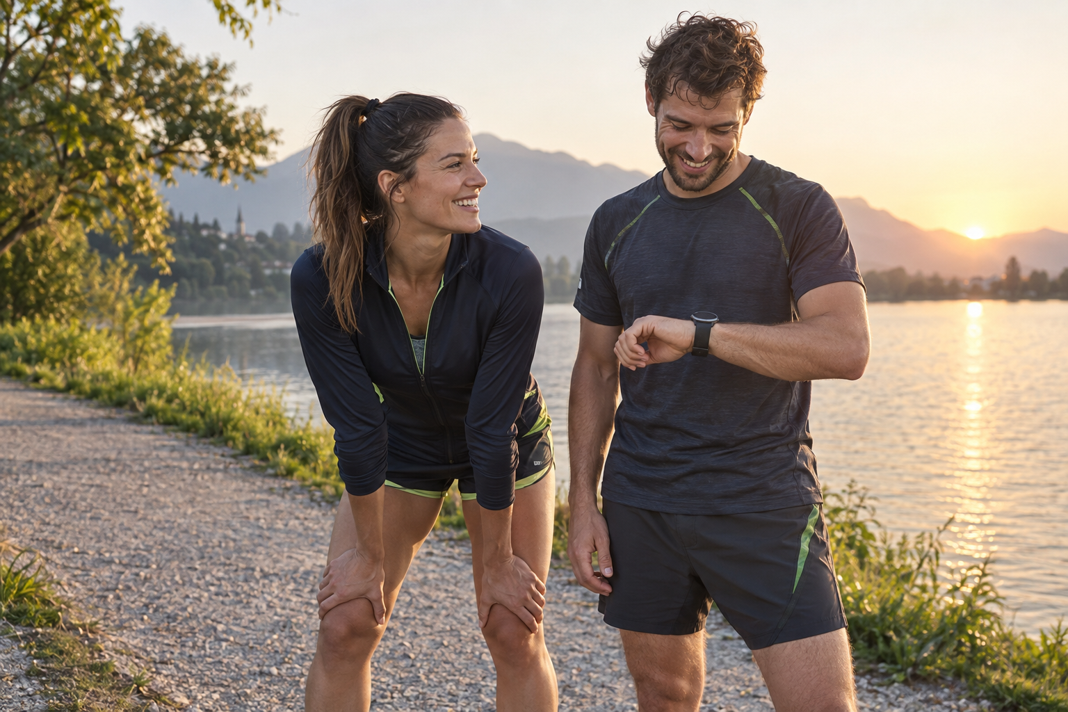 Zwei Menschen nach einem Lauf am See; ein Läufer schaut auf ihre Smartwatch