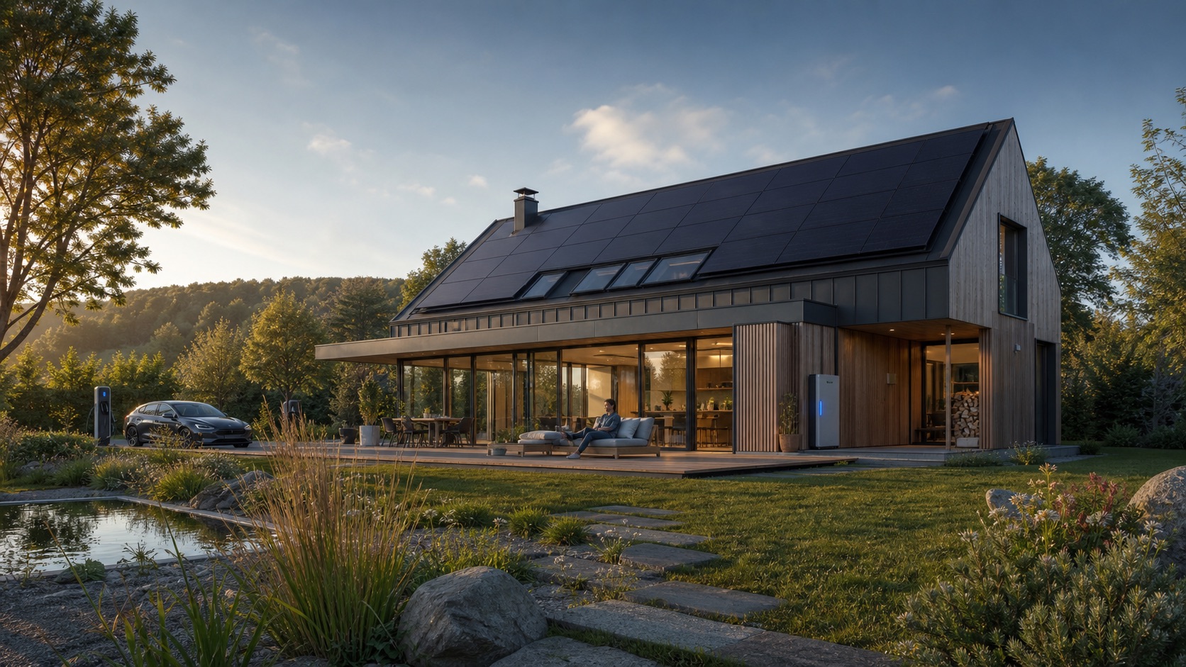 Ein modernes europäisches Wohnhaus verbindet Solarenergie, Speicher und Elektromobilität