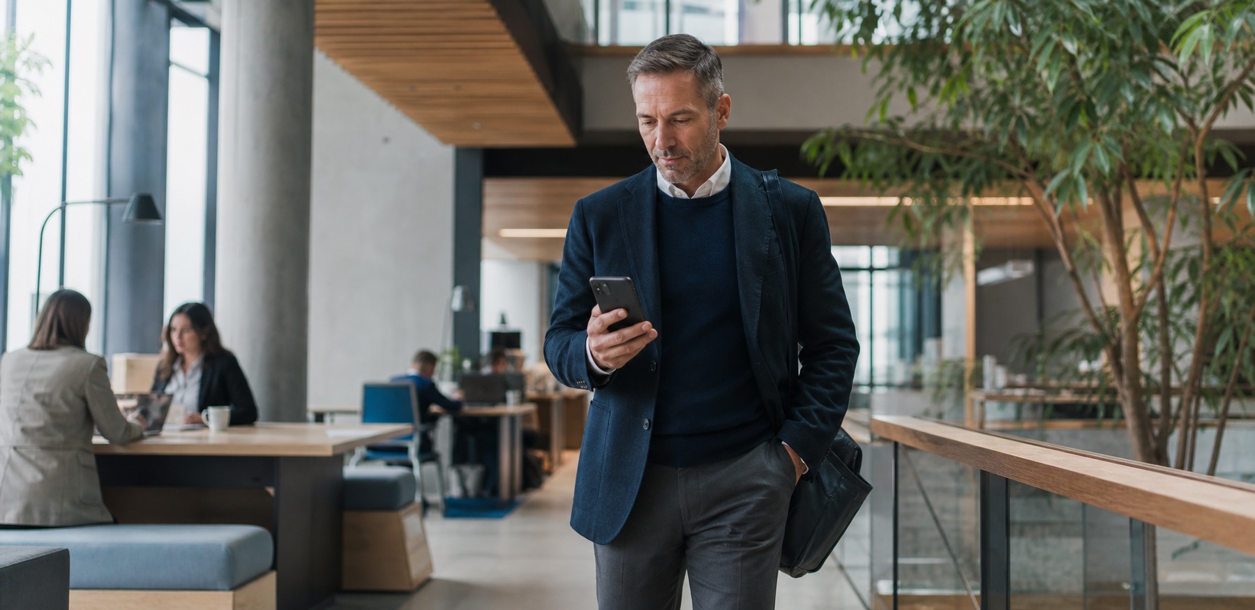 Ein Mitarbeiter nutzt sein Smartphone auf dem Weg durch einen modernen Arbeitsplatz